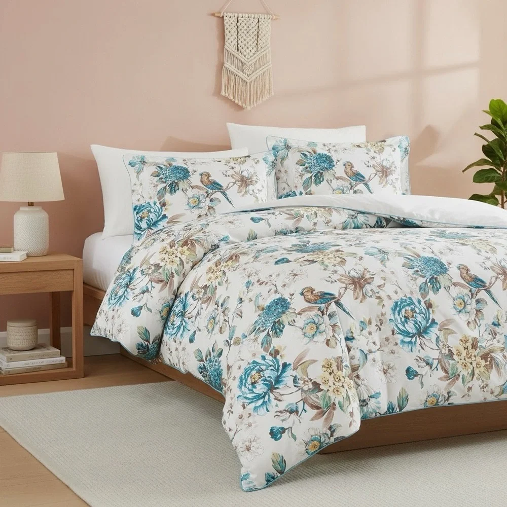 NEW Anthro White Blue Floral Bird Cotton Boho Queen King Bedding Duvet Sham Set - Picture 7 of 14